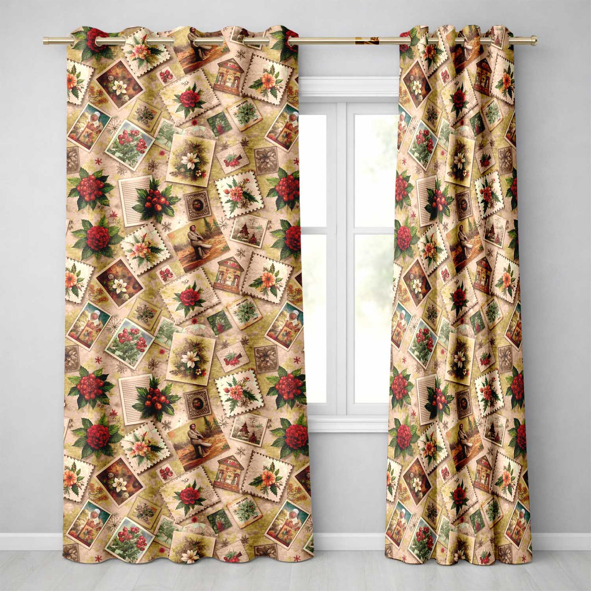 Antique Christmas Floral Postcard Collage Curtain AestheticHome Readymade Eyelet Ring Top Thermal 100% Blackout Curtains