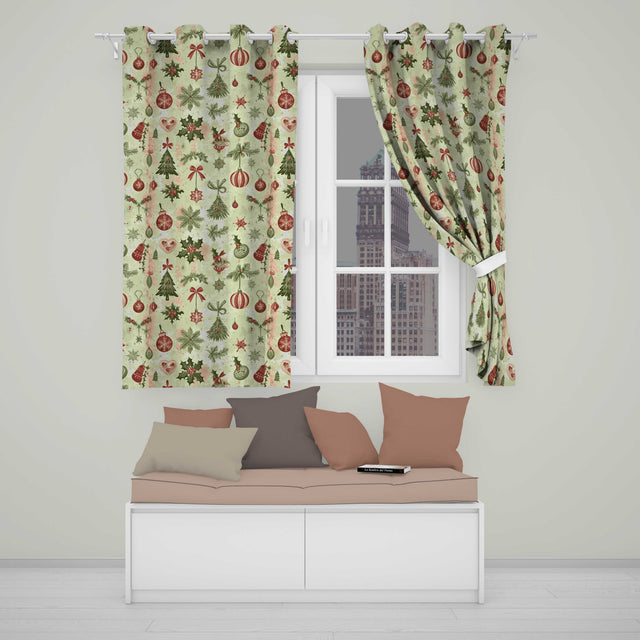 Scandi Christmas Ornament Pine Branch Festive Curtain Draperies Readymade Eyelet Ring Top Thermal 100% Blackout Curtains