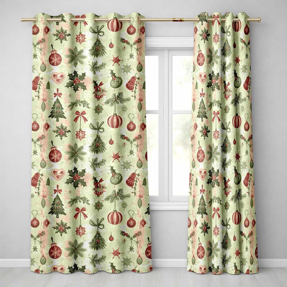 Scandi Christmas Ornament Pine Branch Festive Curtain Draperies Readymade Eyelet Ring Top Thermal 100% Blackout Curtains