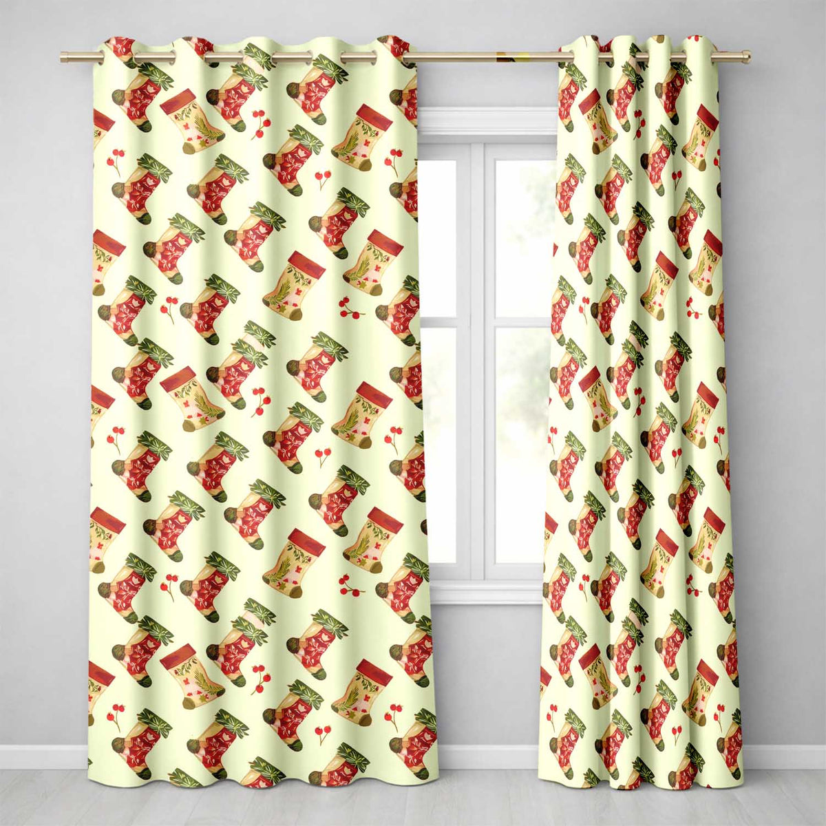 Festive Christmas Stocking Repeat Holiday Curtain Window Decor Readymade Eyelet Ring Top Thermal 100% Blackout Curtains