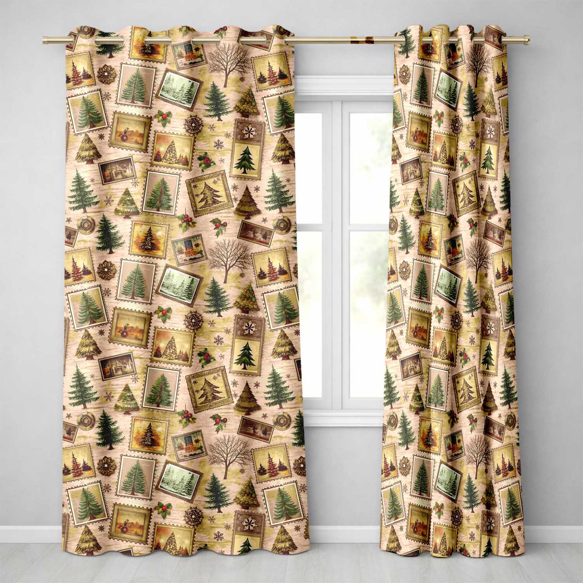 Vintage Christmas Tree Postage Stamp Collage Window Curtains Readymade Eyelet Ring Top Thermal 100% Blackout Curtains