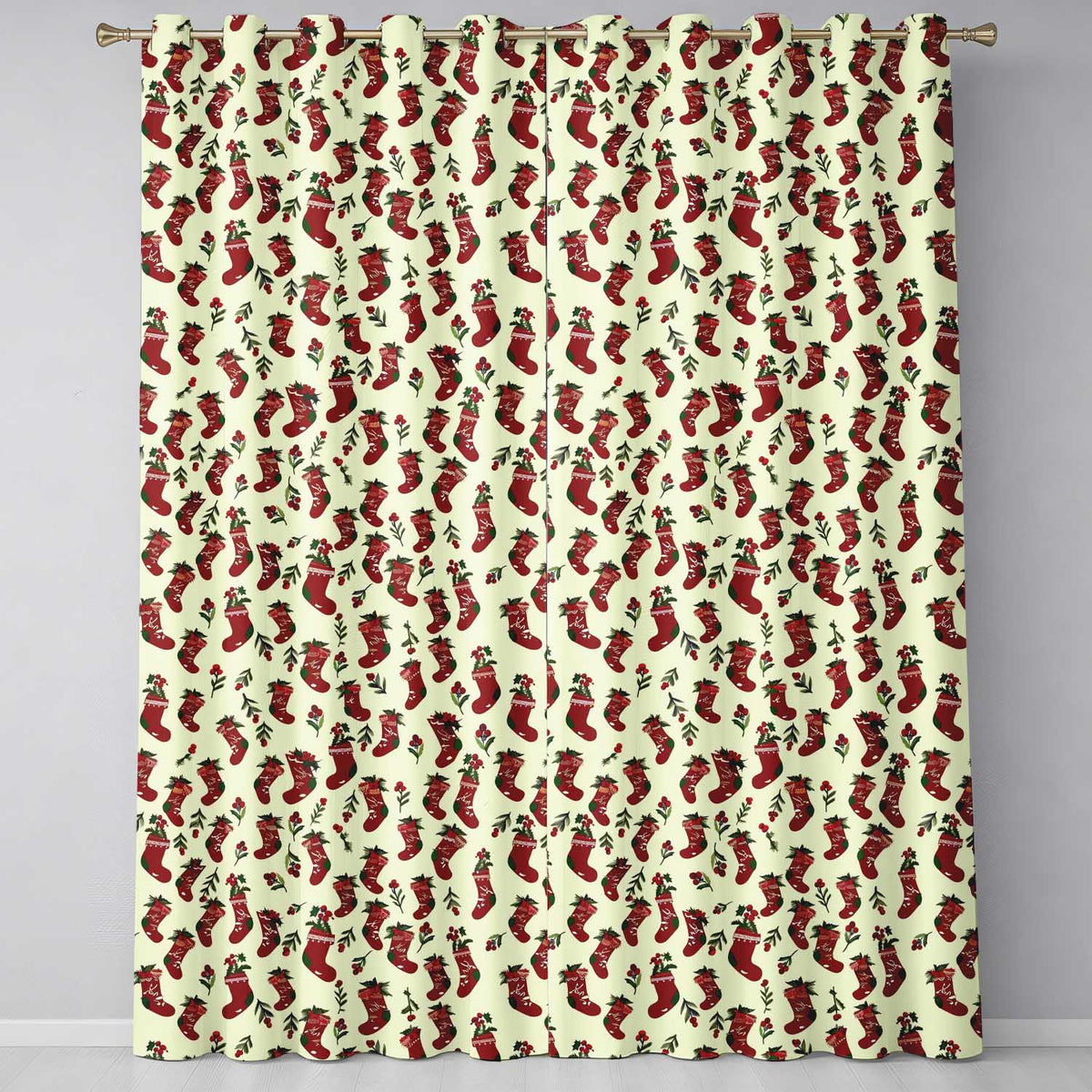 Festive Red Christmas Stocking Repeat Holiday Curtain Panels Readymade Eyelet Ring Top Thermal 100% Blackout Curtains