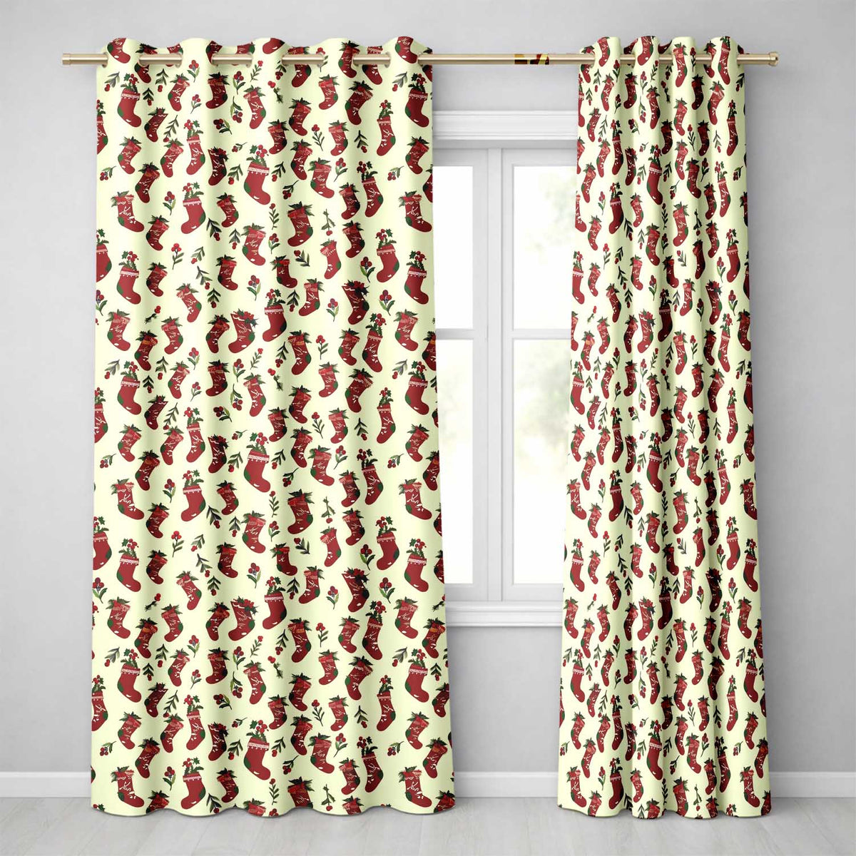 Festive Red Christmas Stocking Repeat Holiday Curtain Panels Readymade Eyelet Ring Top Thermal 100% Blackout Curtains