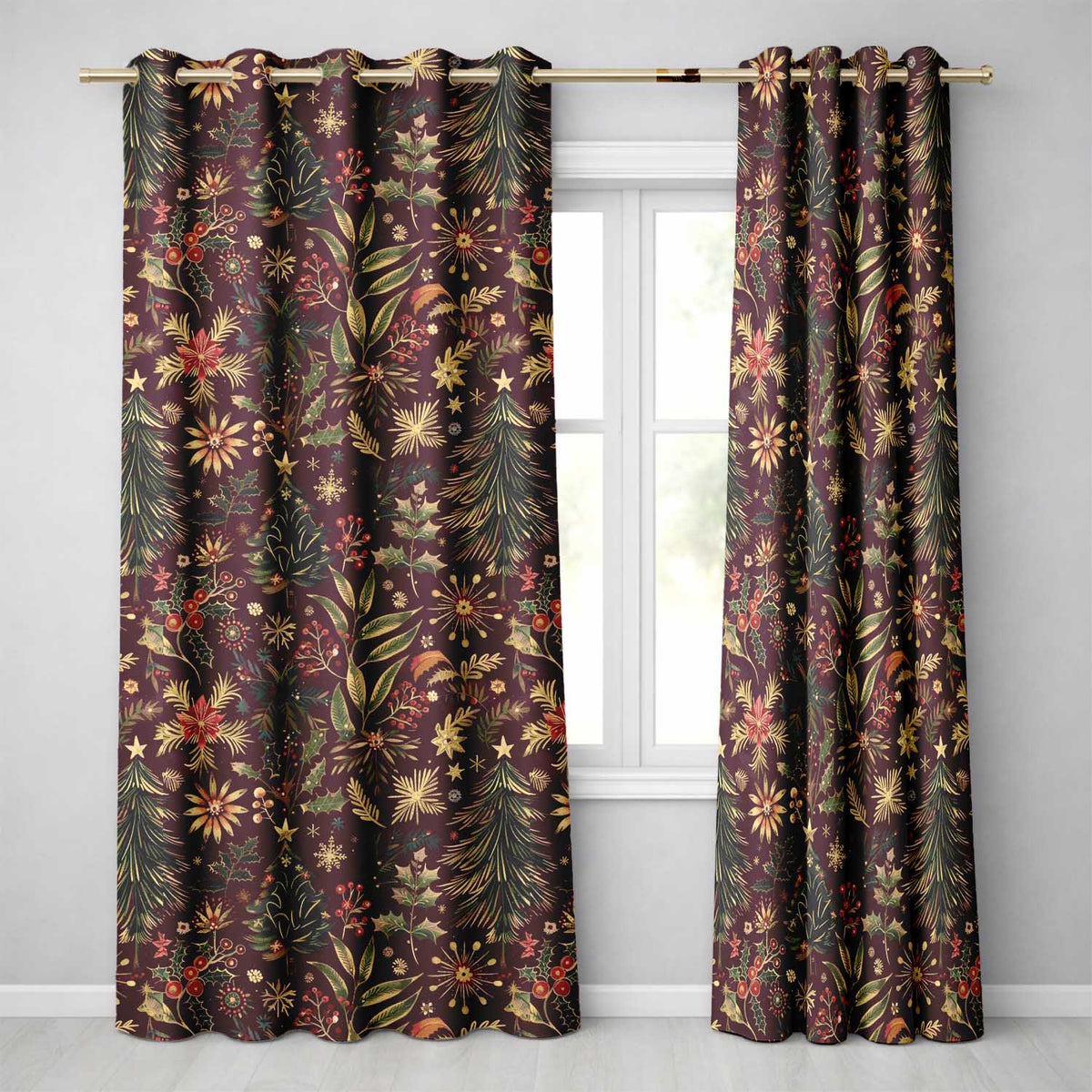 Dark Botanical Christmas Floral Night Sky Curtain Panels Readymade Eyelet Ring Top Thermal 100% Blackout Curtains