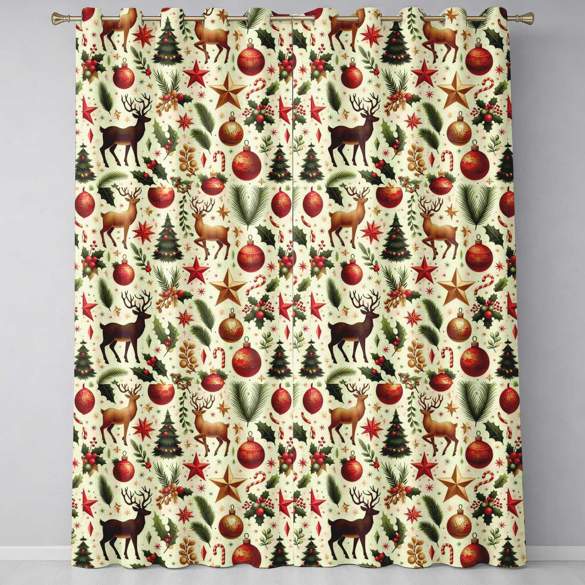 Festive Reindeer Holly Ornament Christmas Curtain Panels Readymade Eyelet Ring Top Thermal 100% Blackout Curtains