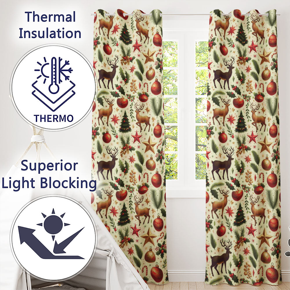Festive Reindeer Holly Ornament Christmas Curtain Panels Readymade Eyelet Ring Top Thermal 100% Blackout Curtains