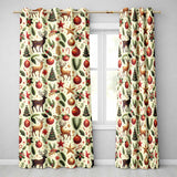 Festive Reindeer Holly Ornament Christmas Curtain Panels Readymade Eyelet Ring Top Thermal 100% Blackout Curtains