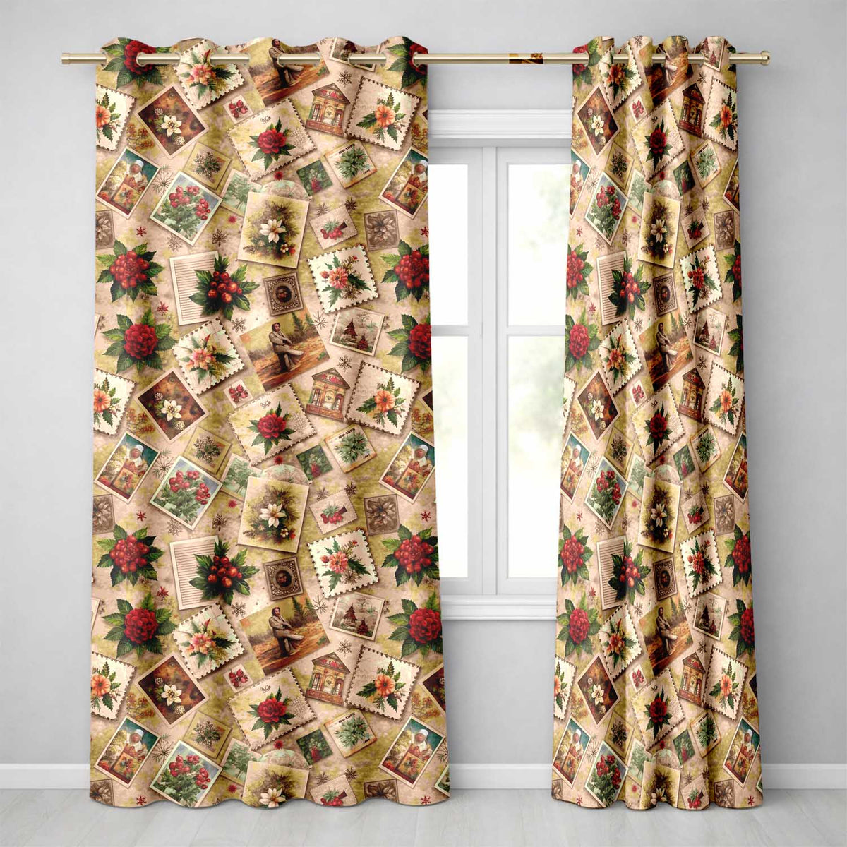 Vintage Christmas Postcard Floral Stamp Collage Curtains Readymade Eyelet Ring Top Thermal 100% Blackout Curtains