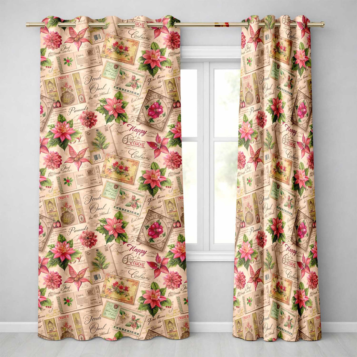 Antique Christmas Collage with Floral Cards and Holiday Decorations  Readymade Eyelet Ring Top Thermal 100% Blackout Curtains