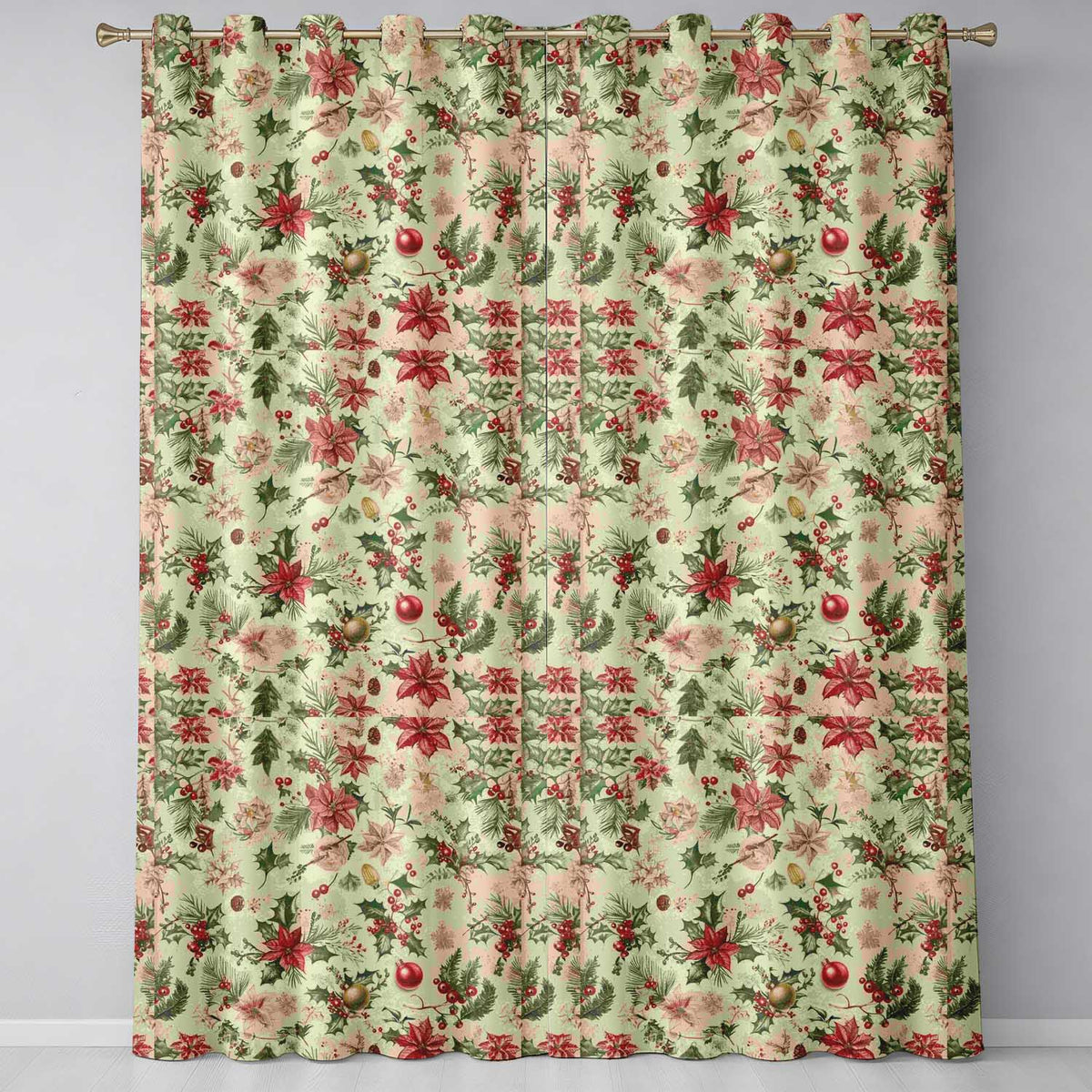 Vintage Christmas Bells Holly Leaves Pine Branches and Festive Elements  Readymade Eyelet Ring Top Thermal 100% Blackout Curtains
