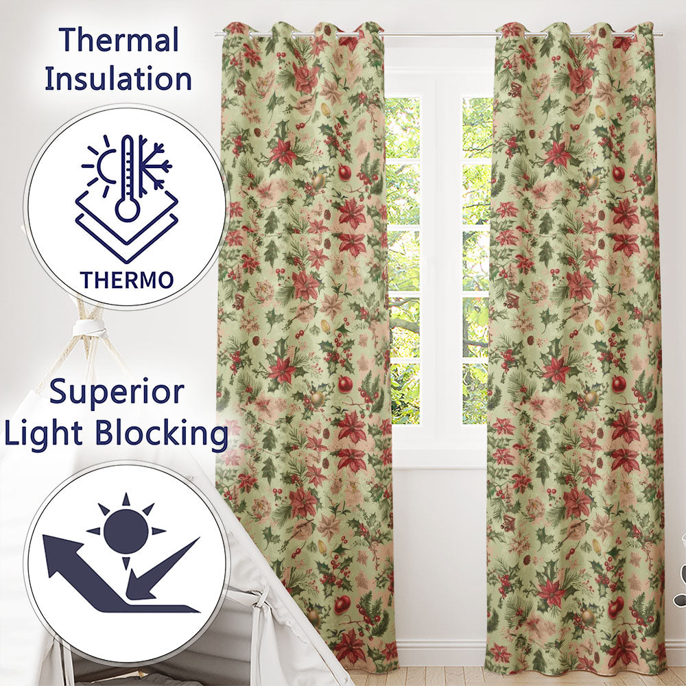 Vintage Christmas Bells Holly Leaves Pine Branches and Festive Elements  Readymade Eyelet Ring Top Thermal 100% Blackout Curtains