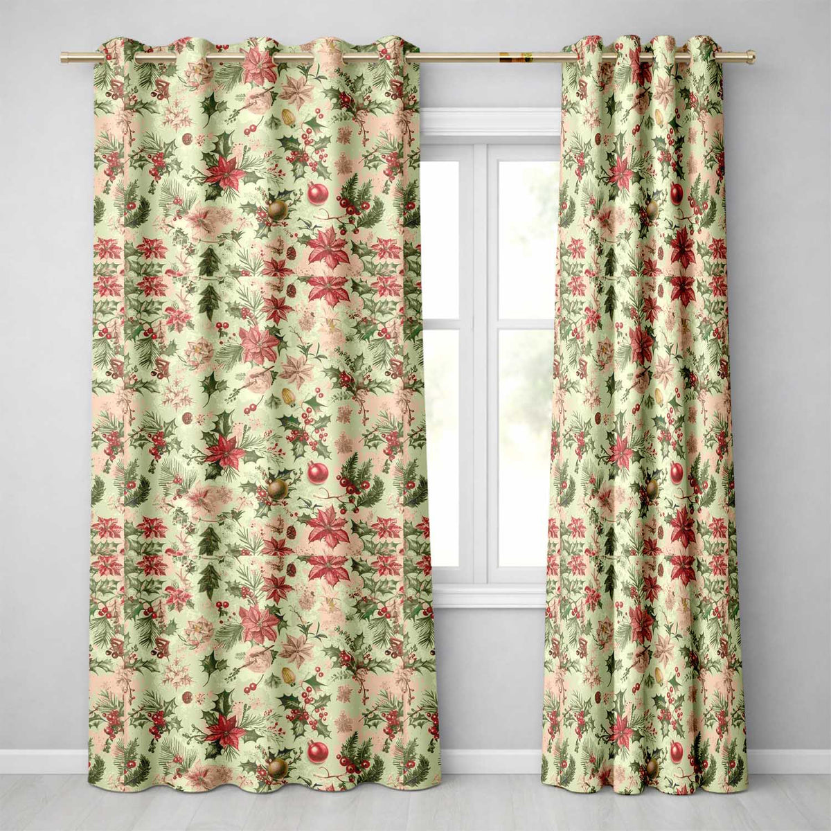 Vintage Christmas Bells Holly Leaves Pine Branches and Festive Elements  Readymade Eyelet Ring Top Thermal 100% Blackout Curtains