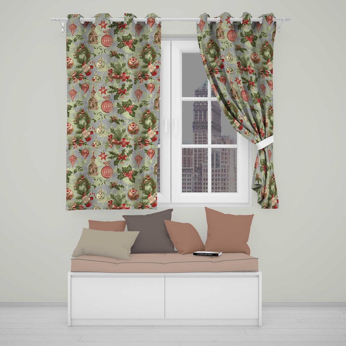 Rustic Christmas Wreath Bells Pine Branches Baubles and Snowy Village  Readymade Eyelet Ring Top Thermal 100% Blackout Curtains