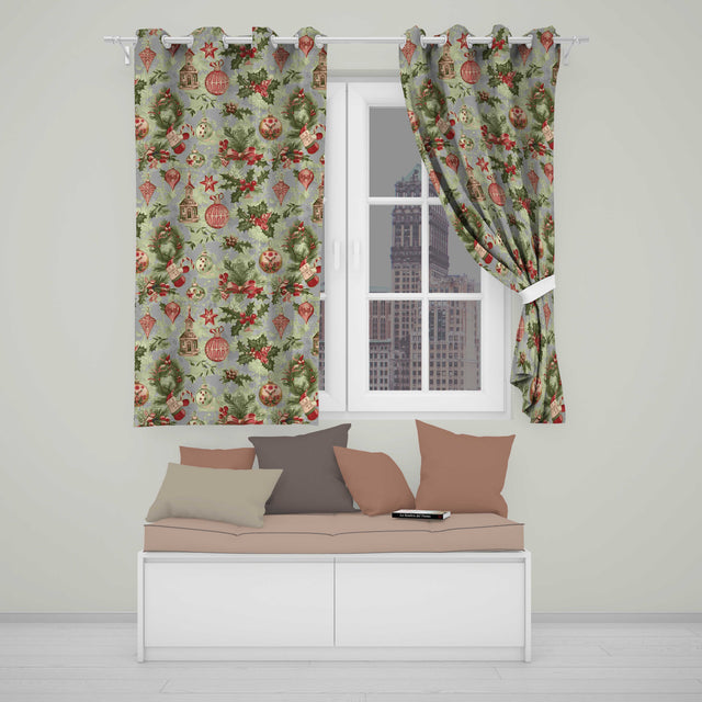 Rustic Christmas Wreath Bells Pine Branches Baubles and Snowy Village  Readymade Eyelet Ring Top Thermal 100% Blackout Curtains
