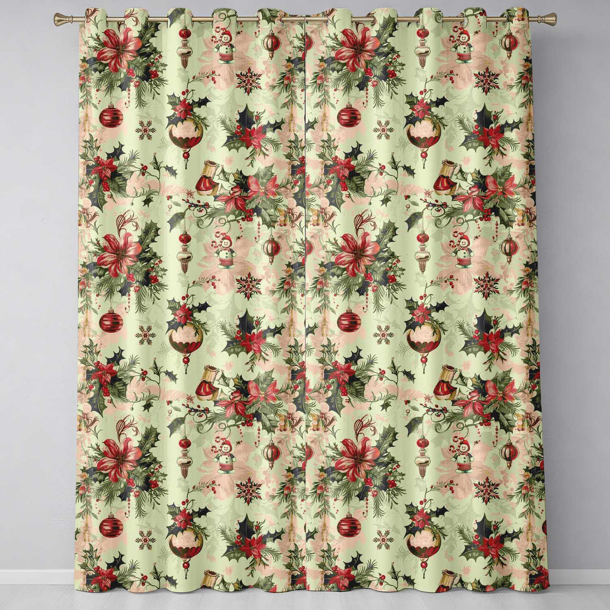 Vintage Christmas Baubles Holly Berries Candy Cane and Snowflakes  Readymade Eyelet Ring Top Thermal 100% Blackout Curtains