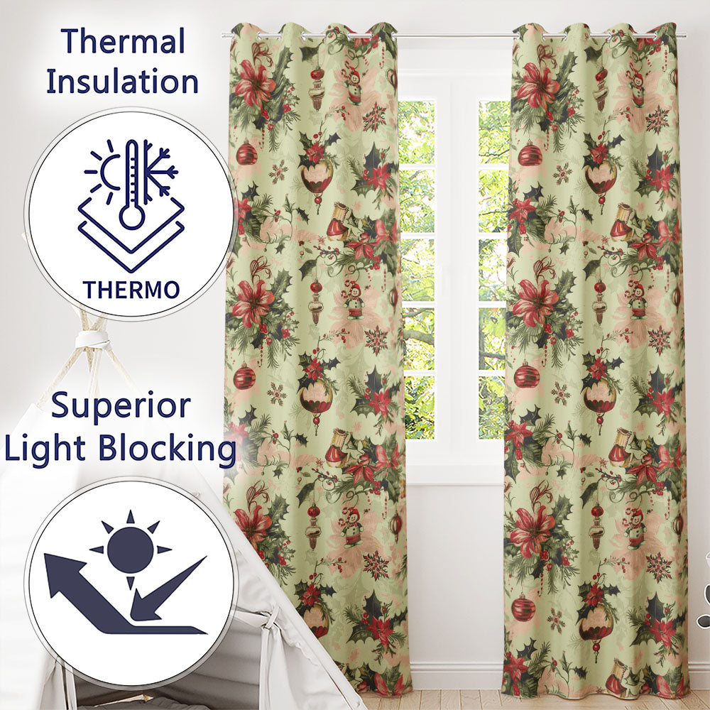 Vintage Christmas Baubles Holly Berries Candy Cane and Snowflakes  Readymade Eyelet Ring Top Thermal 100% Blackout Curtains