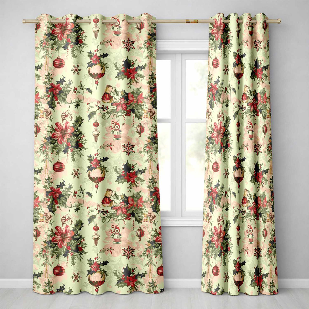 Vintage Christmas Baubles Holly Berries Candy Cane and Snowflakes  Readymade Eyelet Ring Top Thermal 100% Blackout Curtains
