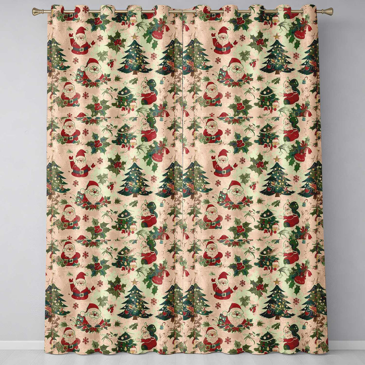 Rustic Santa Claus Christmas Pine Branches Baubles Vintage Holiday  Readymade Eyelet Ring Top Thermal 100% Blackout Curtains