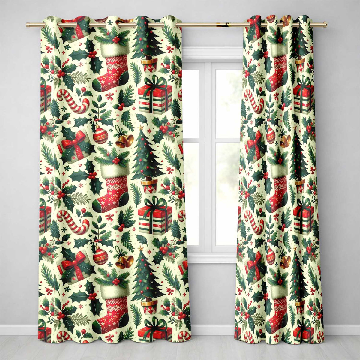 Scandinavian Christmas Trees Baubles Snowflakes Nordic Seamless Pattern  Readymade Eyelet Ring Top Thermal 100% Blackout Curtains