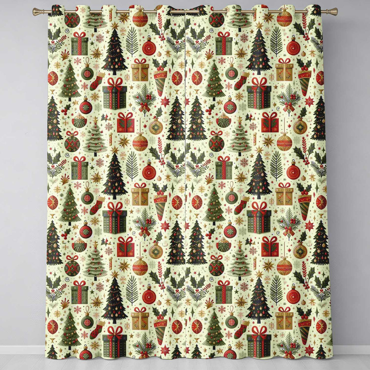 Festive Christmas Stocking Gifts Bells Holly Leaves Seamless Pattern  Readymade Eyelet Ring Top Thermal 100% Blackout Curtains