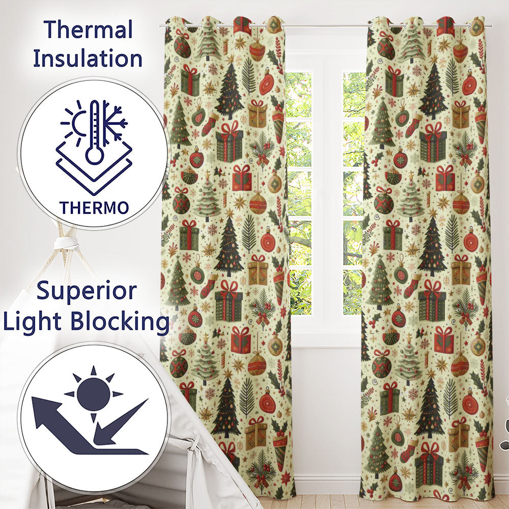 Festive Christmas Stocking Gifts Bells Holly Leaves Seamless Pattern  Readymade Eyelet Ring Top Thermal 100% Blackout Curtains