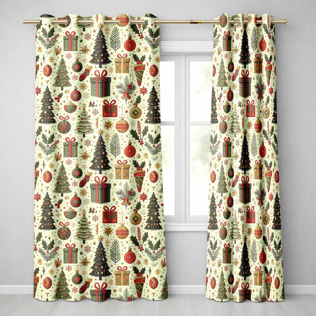 Festive Christmas Stocking Gifts Bells Holly Leaves Seamless Pattern  Readymade Eyelet Ring Top Thermal 100% Blackout Curtains