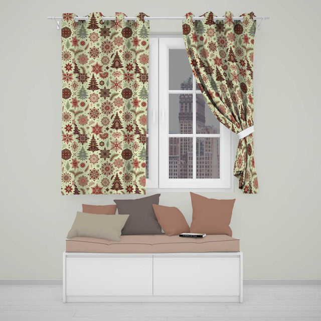 Elegant Snowflake Winter Pattern Pine Trees Red Neutral Seamless Design  Readymade Eyelet Ring Top Thermal 100% Blackout Curtains