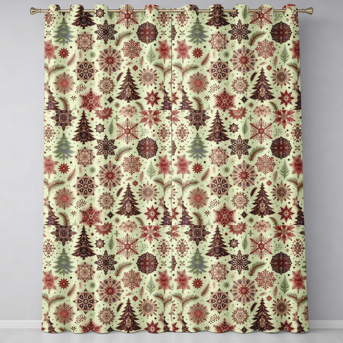 Elegant Snowflake Winter Pattern Pine Trees Red Neutral Seamless Design  Readymade Eyelet Ring Top Thermal 100% Blackout Curtains