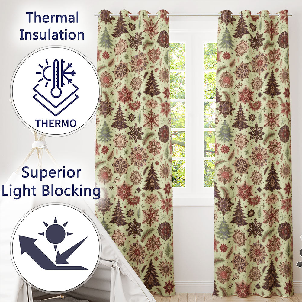 Elegant Snowflake Winter Pattern Pine Trees Red Neutral Seamless Design  Readymade Eyelet Ring Top Thermal 100% Blackout Curtains