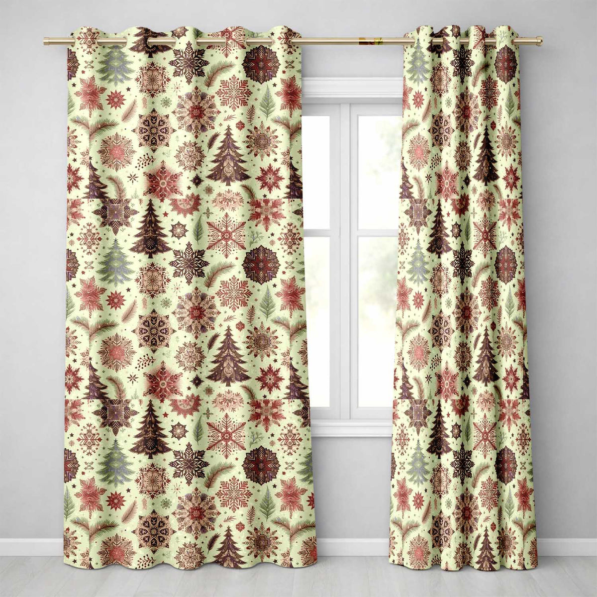 Elegant Snowflake Winter Pattern Pine Trees Red Neutral Seamless Design  Readymade Eyelet Ring Top Thermal 100% Blackout Curtains