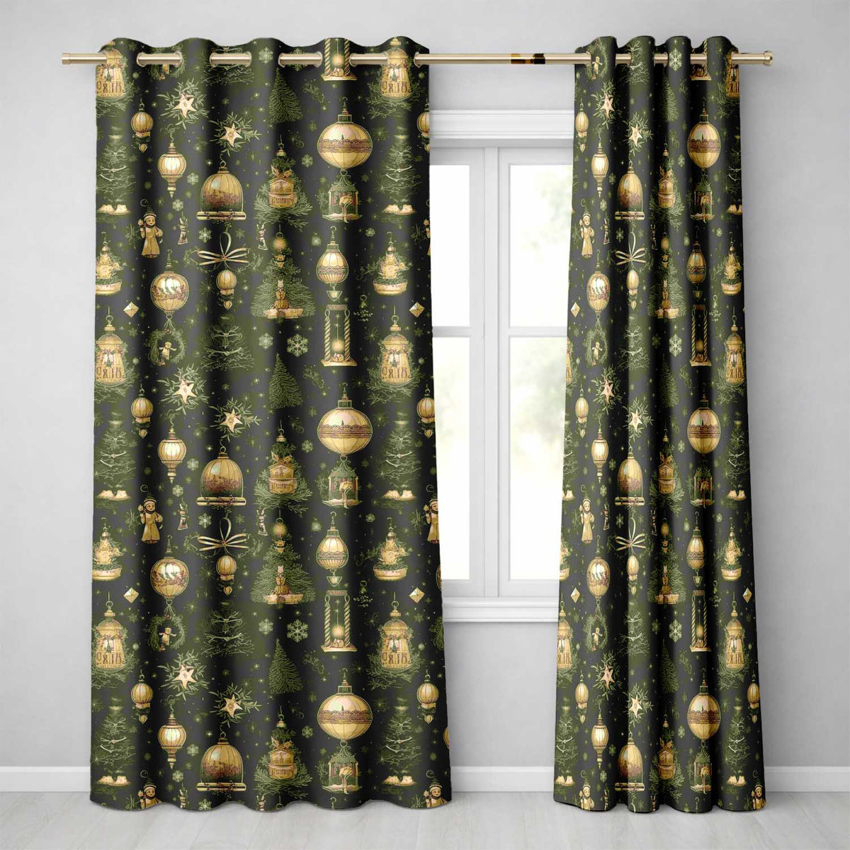 Luxury Gold Christmas Ornaments Lantern Stars Dark Green Seamless Pattern  Readymade Eyelet Ring Top Thermal 100% Blackout Curtains