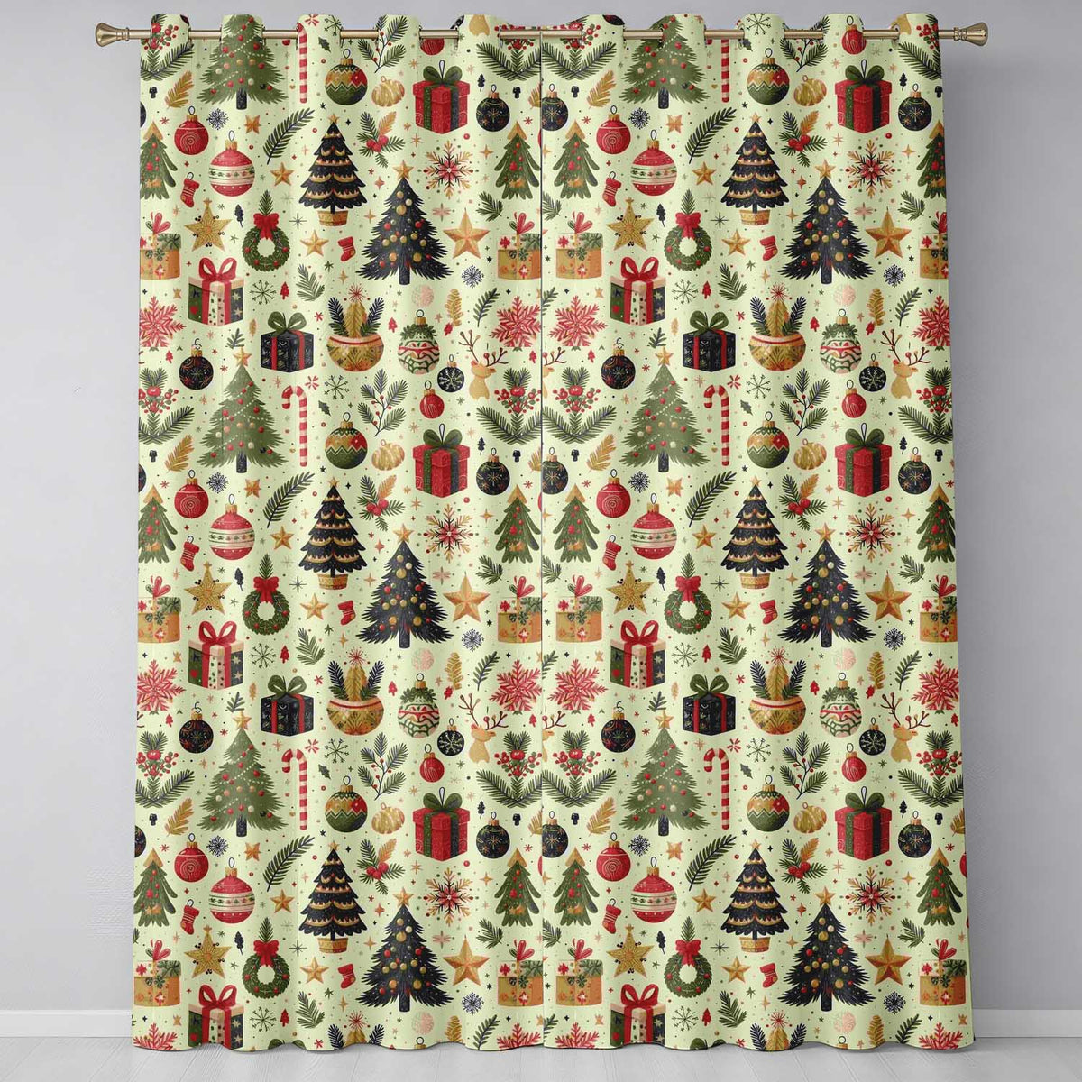 Vintage Christmas Trees Gifts Baubles Candy Cane Festive Seamless Pattern  Readymade Eyelet Ring Top Thermal 100% Blackout Curtains