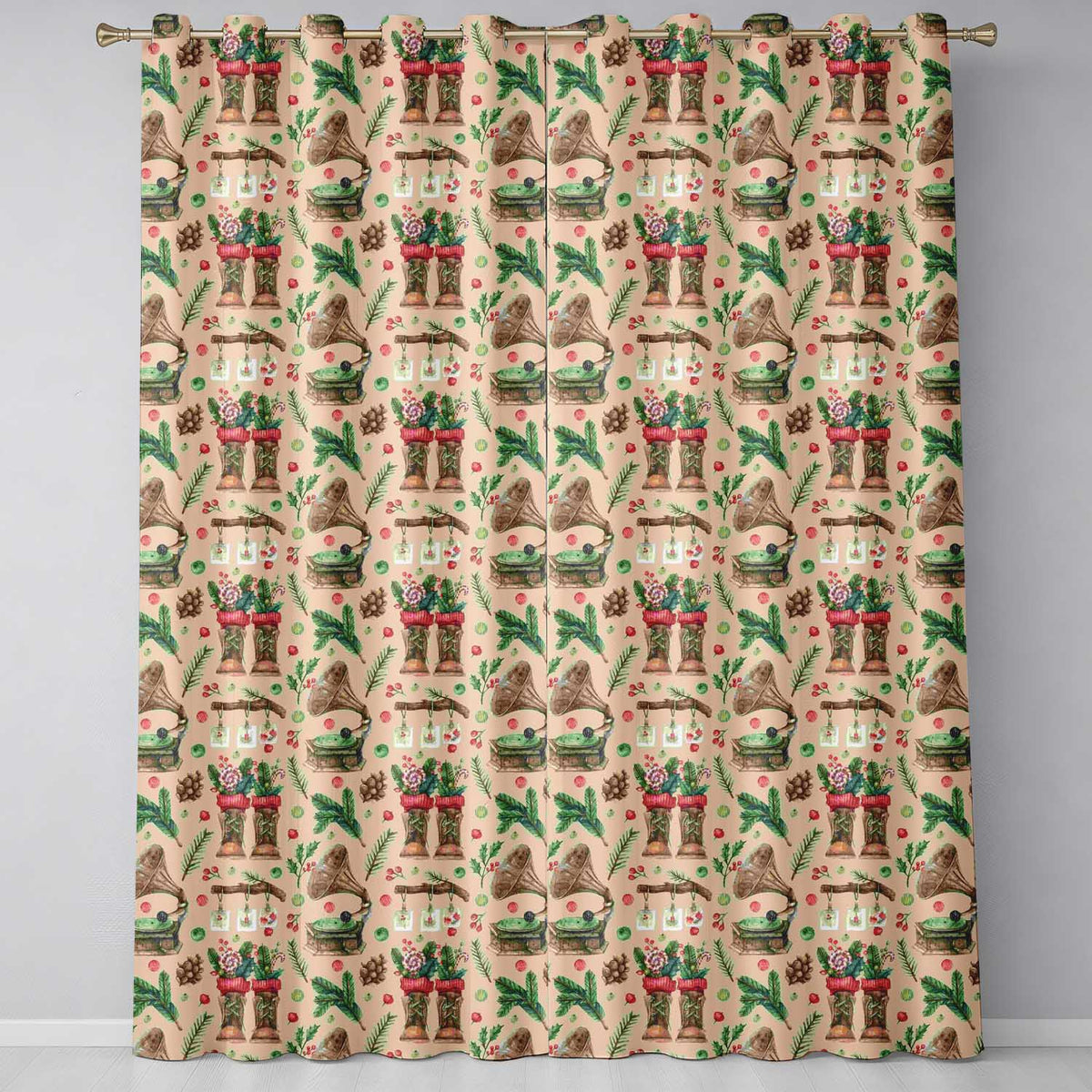Vintage Christmas Baubles Holly Leaves Botanical Seamless Pattern  Readymade Eyelet Ring Top Thermal 100% Blackout Curtains
