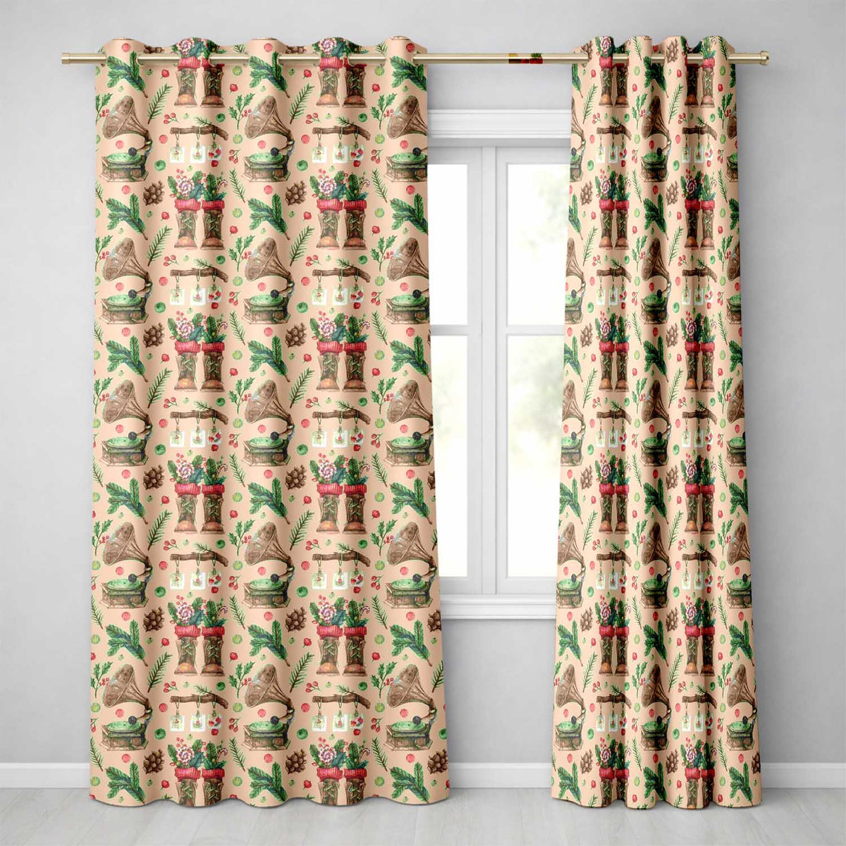 Vintage Christmas Baubles Holly Leaves Botanical Seamless Pattern  Readymade Eyelet Ring Top Thermal 100% Blackout Curtains