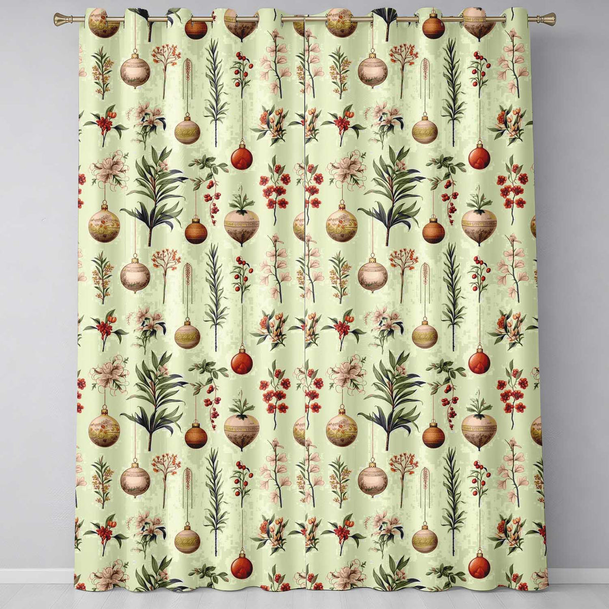 Festive Christmas Stars Holly Leaves Baubles Seamless Pattern  Readymade Eyelet Ring Top Thermal 100% Blackout Curtains