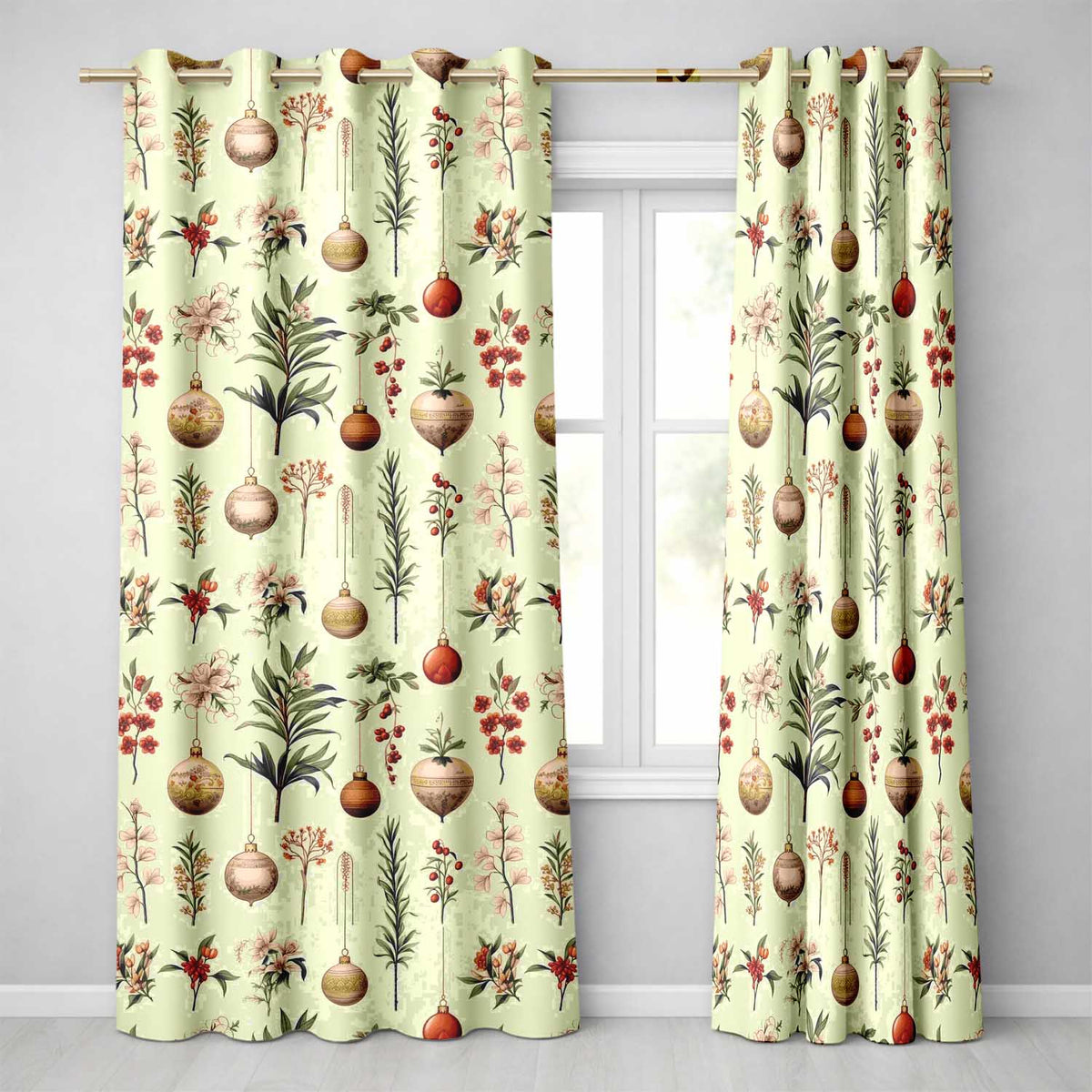 Festive Christmas Stars Holly Leaves Baubles Seamless Pattern  Readymade Eyelet Ring Top Thermal 100% Blackout Curtains