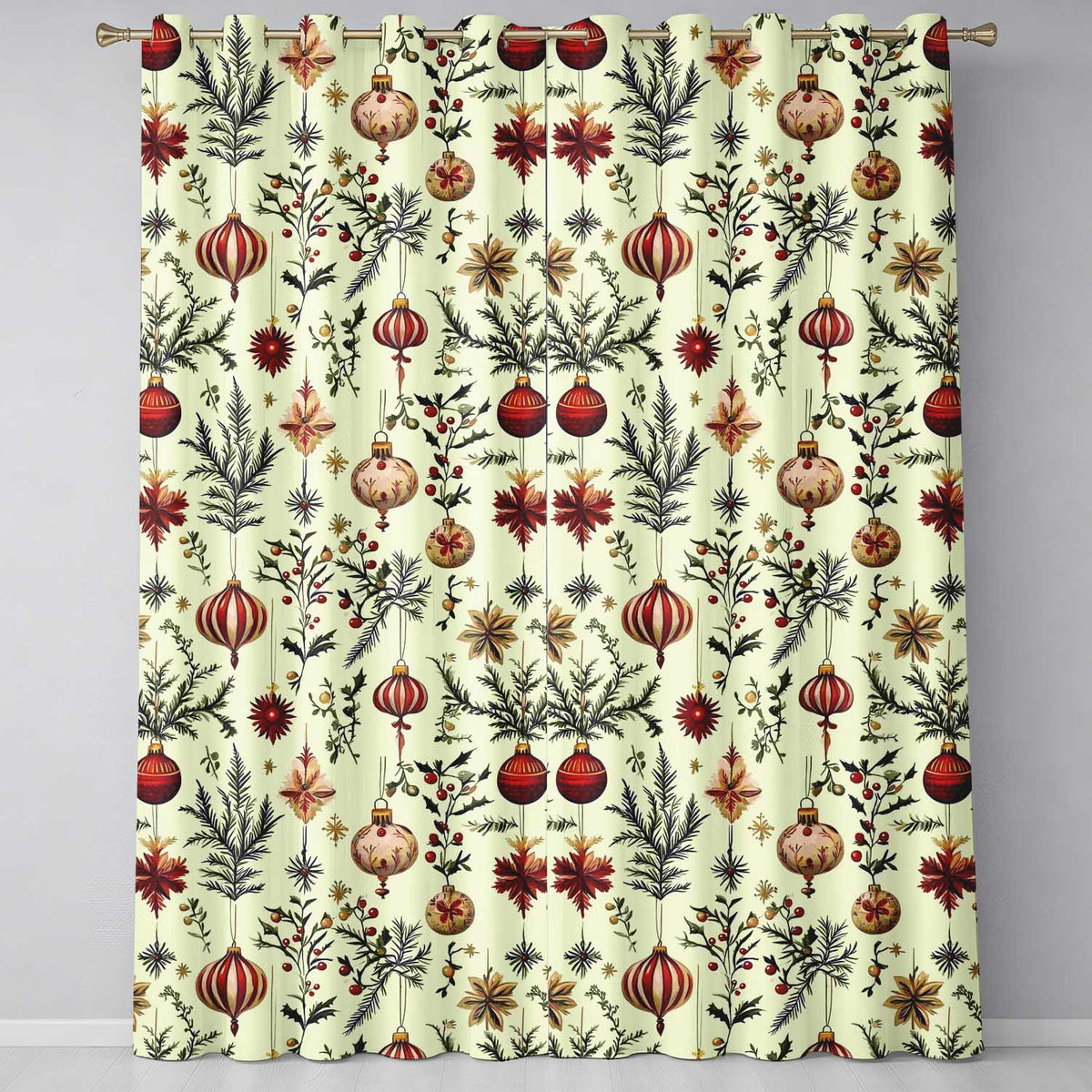 Vintage Glass Christmas Baubles Teal Gold Seamless Pattern  Readymade Eyelet Ring Top Thermal 100% Blackout Curtains
