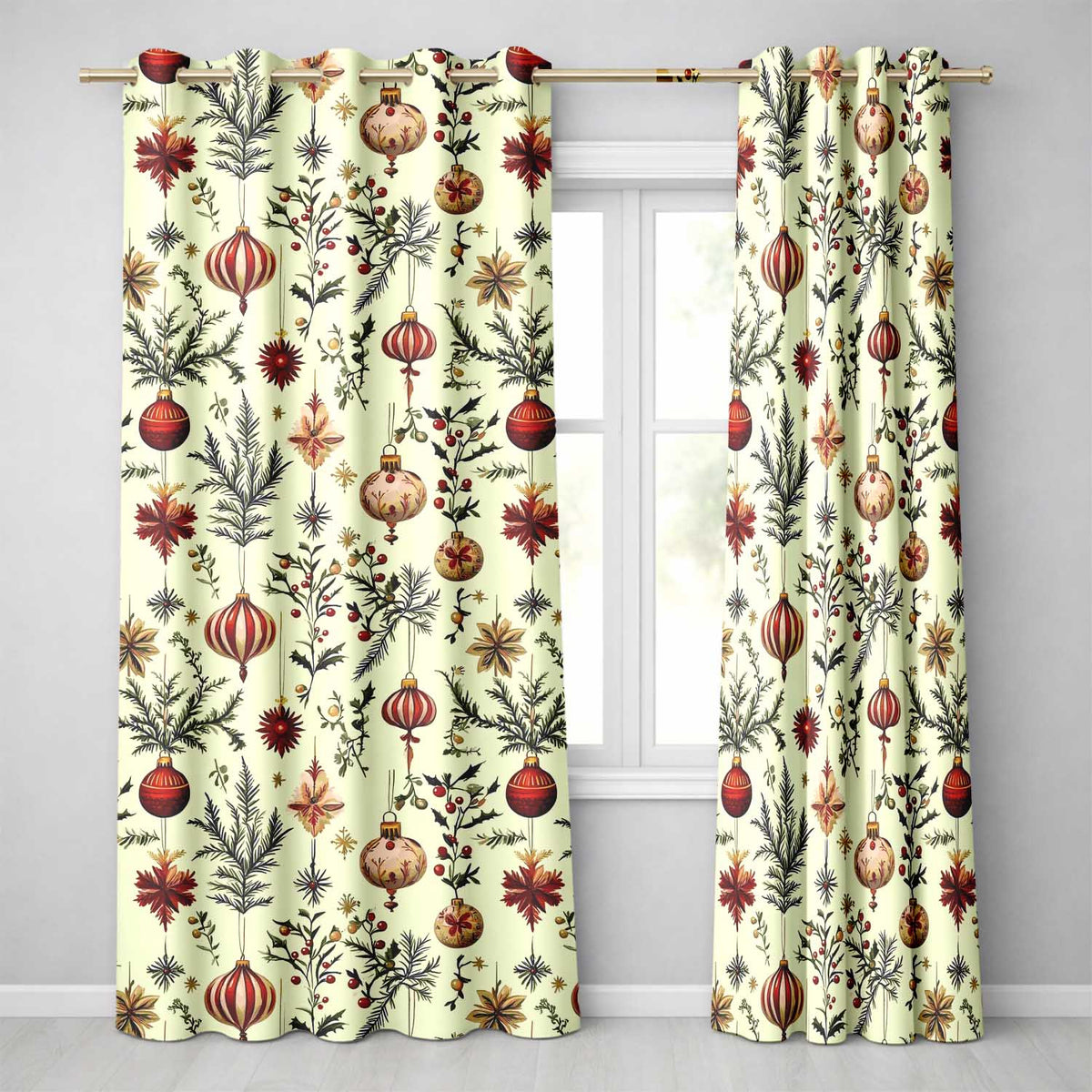 Vintage Glass Christmas Baubles Teal Gold Seamless Pattern  Readymade Eyelet Ring Top Thermal 100% Blackout Curtains