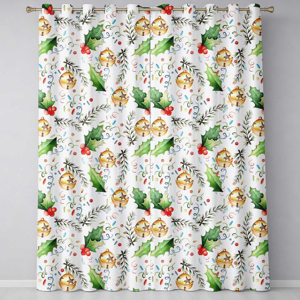 Festive Holly Leaves Bells Pine Branch Confetti Seamless Pattern  Readymade Eyelet Ring Top Thermal 100% Blackout Curtains