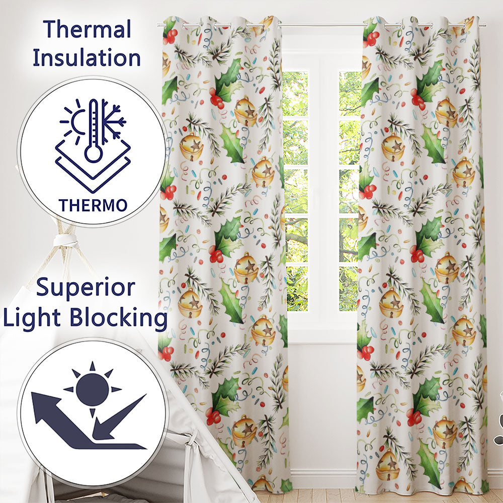 Festive Holly Leaves Bells Pine Branch Confetti Seamless Pattern  Readymade Eyelet Ring Top Thermal 100% Blackout Curtains