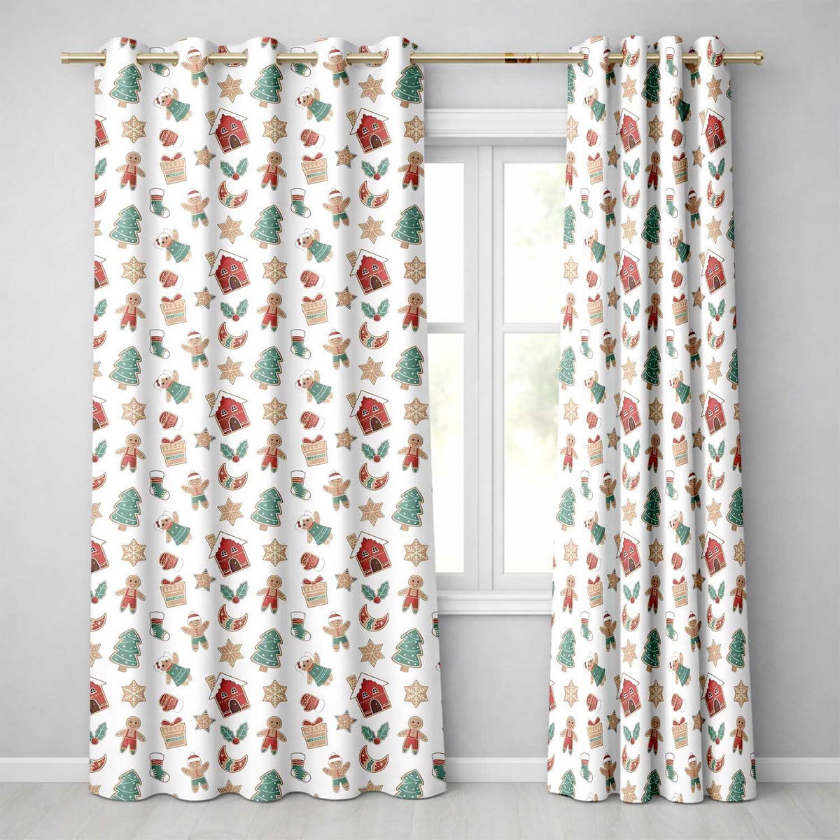 Cute Gingerbread Cookies Stars Tree House Seamless Pattern  Readymade Eyelet Ring Top Thermal 100% Blackout Curtains