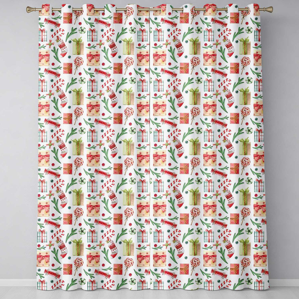 Christmas Gifts Candy Lollipop Stockings Seamless Pattern  Readymade Eyelet Ring Top Thermal 100% Blackout Curtains