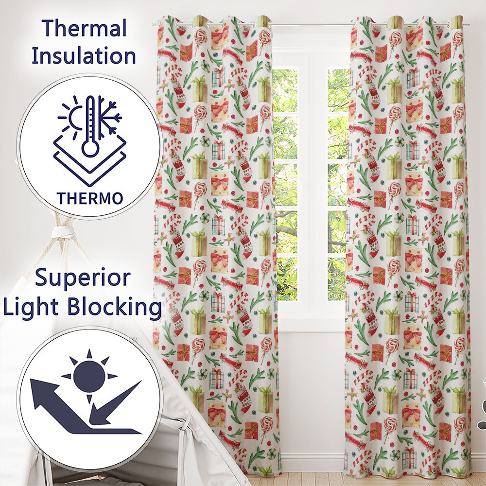 Christmas Gifts Candy Lollipop Stockings Seamless Pattern  Readymade Eyelet Ring Top Thermal 100% Blackout Curtains