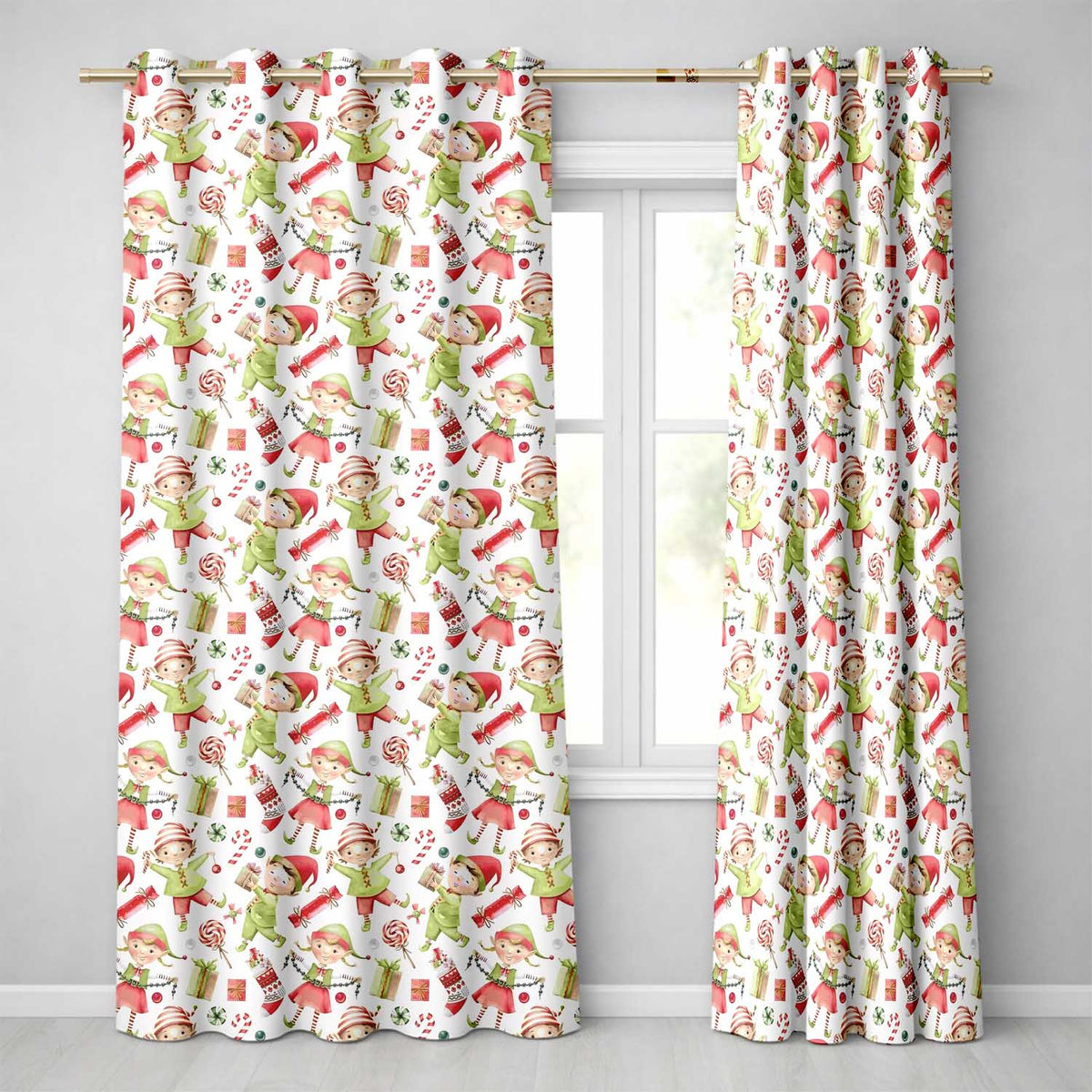 Cute Christmas Elves Candy Cane Gifts Seamless Pattern  Readymade Eyelet Ring Top Thermal 100% Blackout Curtains