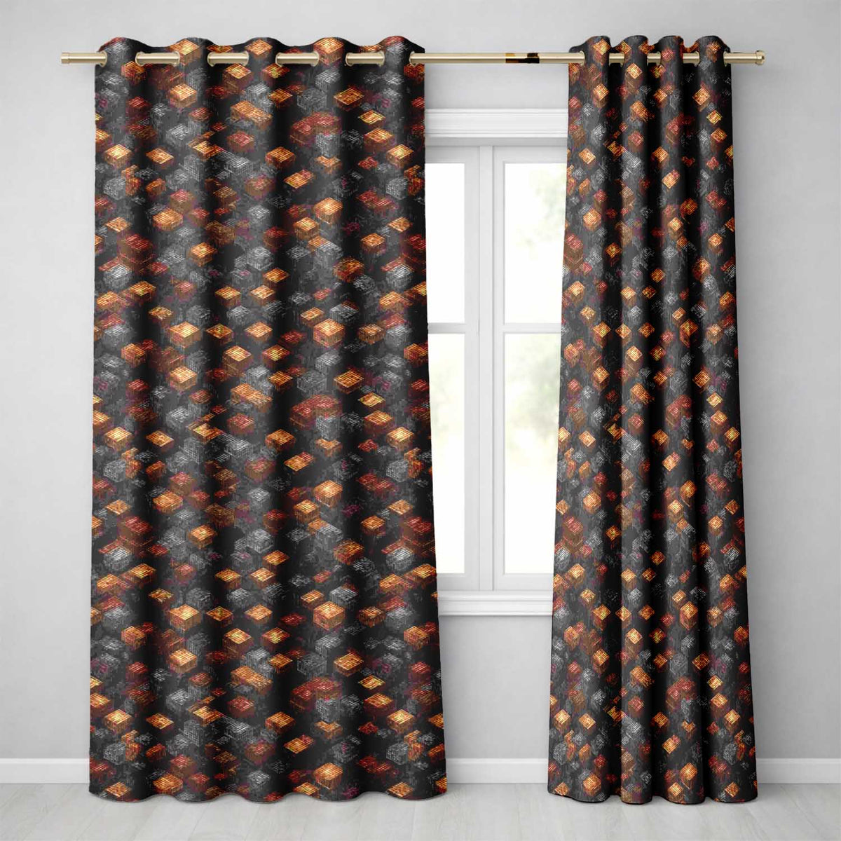 Rust Grey Pixel Cube Grid Abstract Seamless Pattern  Readymade Eyelet Ring Top Thermal 100% Blackout Curtains