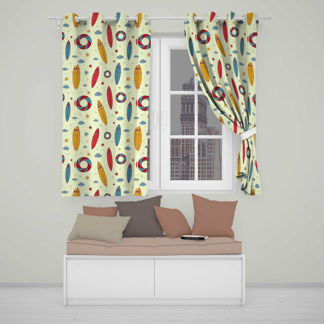 Cute Surfboards Lifebuoys Clouds and Stars Fun Summer Beach Seamless Pattern  Readymade Eyelet Ring Top Thermal 100% Blackout Curtains