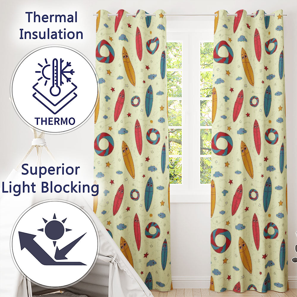 Cute Surfboards Lifebuoys Clouds and Stars Fun Summer Beach Seamless Pattern  Readymade Eyelet Ring Top Thermal 100% Blackout Curtains