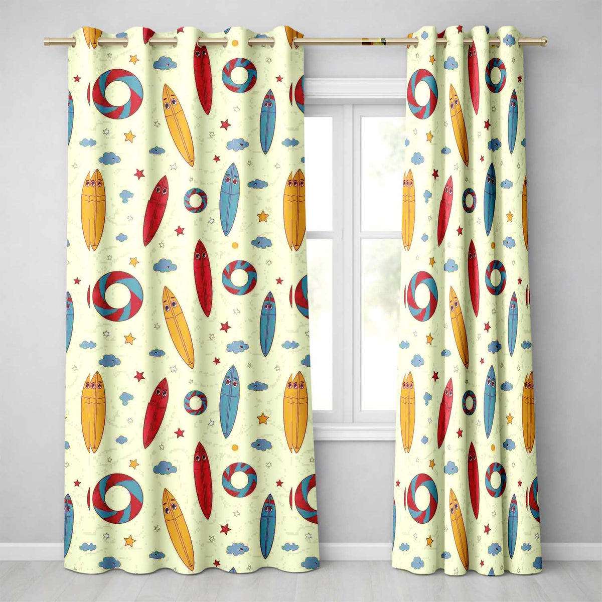 Cute Surfboards Lifebuoys Clouds and Stars Fun Summer Beach Seamless Pattern  Readymade Eyelet Ring Top Thermal 100% Blackout Curtains