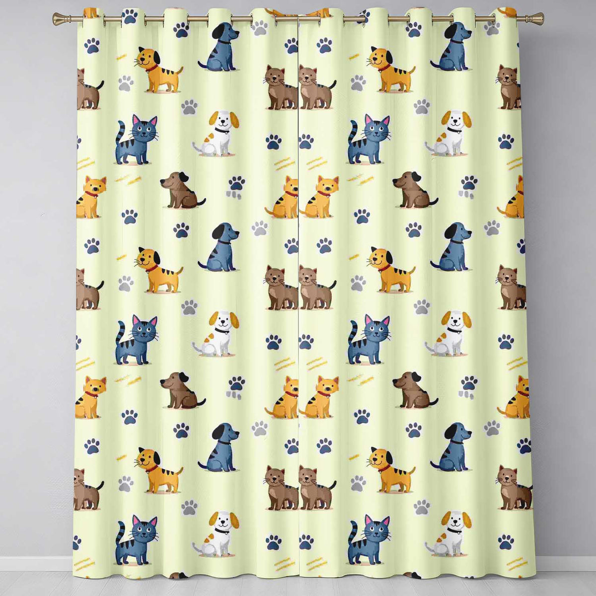Cute Dogs and Cats with Paw Prints Playful Pet Seamless Pattern  Readymade Eyelet Ring Top Thermal 100% Blackout Curtains
