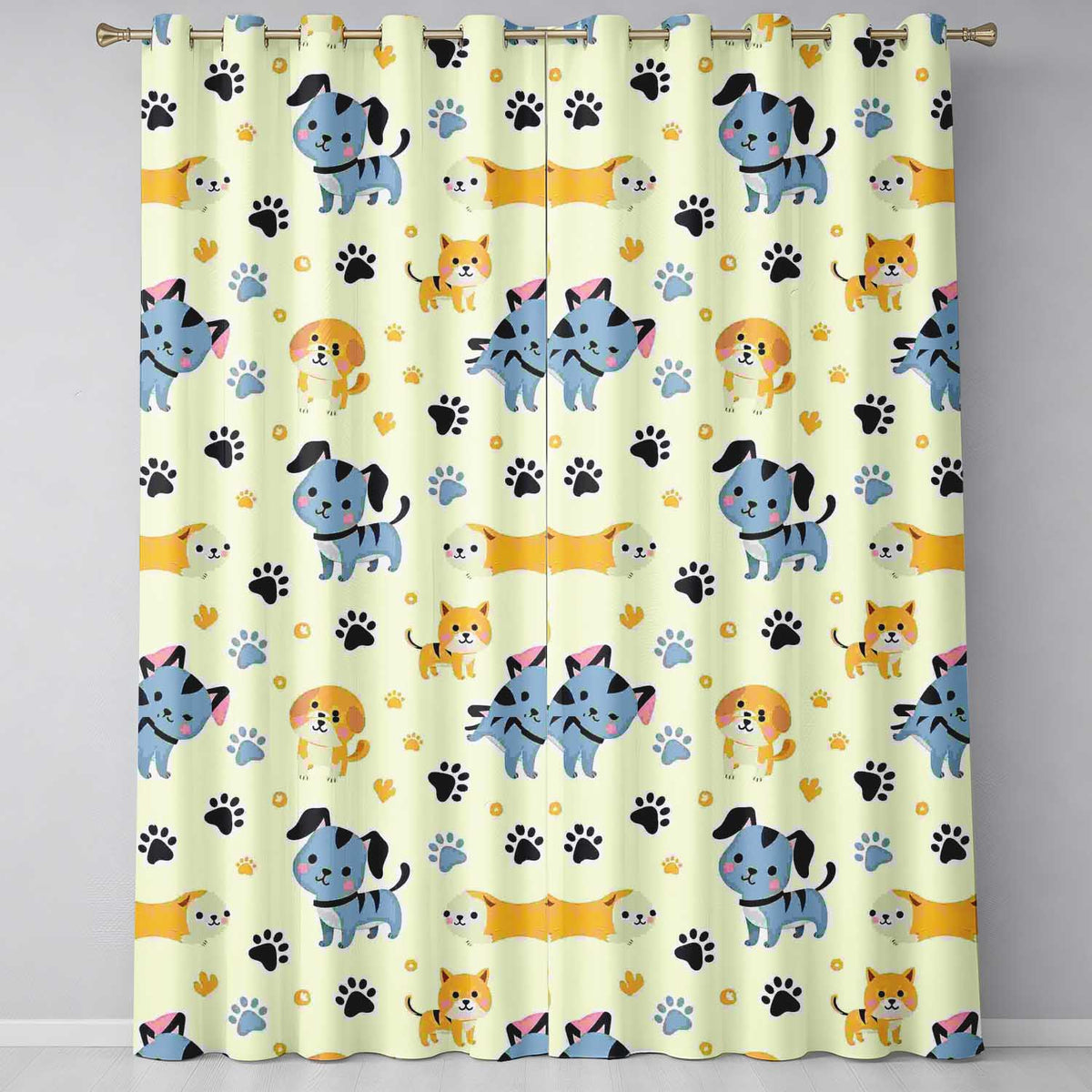 Cute Cartoon Puppies and Paw Prints Kawaii Style Seamless Pattern  Readymade Eyelet Ring Top Thermal 100% Blackout Curtains